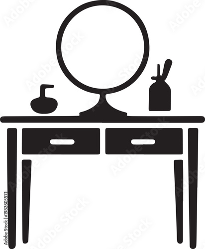 Silhouette of vanity table with mirror and beauty products, makeup and cosmetic items, elegant dressing