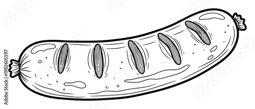 Delicious grilled sausage with characteristic marks, perfect for food blogs, restaurant menus, or BBQ event invitations, evoking a savory and hearty meal