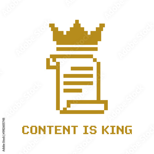 Pixel art icon of crowned document declares content supremacy online