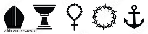 Versatile collection of various Christian religious symbols including a miter chalice rosary crown of thorns and anchor ideal for faith based content and spiritual projects