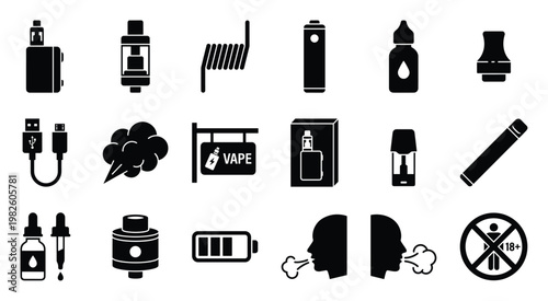 Comprehensive collection of vaping lifestyle glyph icons including ecigarettes, liquids, accessories, and age restriction symbols for modern industry web graphics or marketing materials