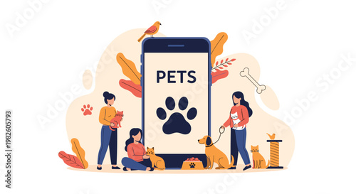 Mobile application for pet owners featuring people with their cats and dogs around a giant smartphone screen.