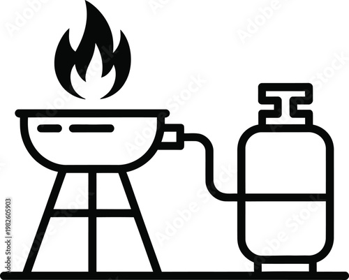 Outline vector illustration of gas barbecue grill with burning flame and propane tank on background.