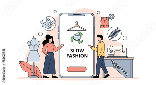 Sustainable slow fashion industry concept with a man and woman near a smartphone, sewing machine, and dress form.