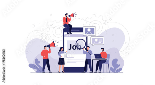 Online recruitment and job search concept with professionals using megaphones and magnifying glasses around a large smartphone.