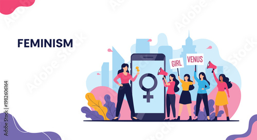 Feminism movement rally with diverse women holding protest signs and a megaphone next to a giant female symbol smartphone.
