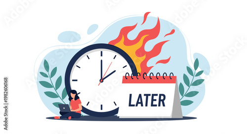 Concept of procrastination and missed deadlines with a woman working on a laptop next to a burning clock and a later calendar.