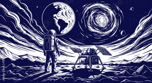 Astronaut on moon surface with planet and galaxy illustration. Design for t-shirt prints, sci-fi book covers, or vinyl stickers. Transparent background EPS version.