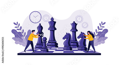Strategic business planning concept with people moving large chess pieces on a board with time management clocks behind them.