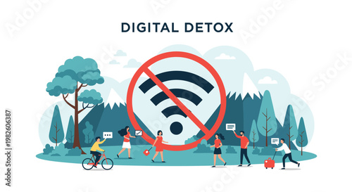 Digital detox and outdoor recreation concept with people walking and cycling in nature under a large no wifi symbol.