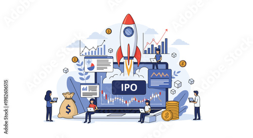 Comprehensive Initial Public Offering concept with a rocket launching from a laptop screen surrounded by financial data and people.