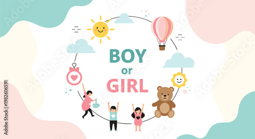 Gender reveal party concept for a baby with toys, characters, and festive elements in a soft pink and blue pastel color palette.