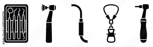 A collection of professional dental tools and instruments including an examination kit, polishing handpiece, saliva ejector, rubber dam clamp forceps, and a dental drill for various medical