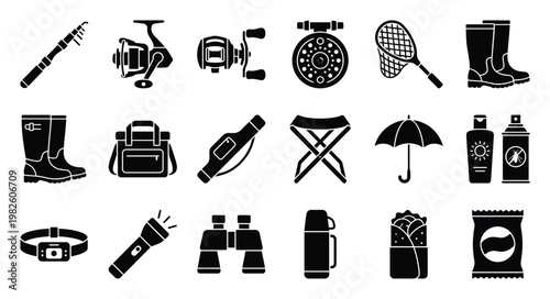 Collection of outdoor adventure and fishing gear icons providing essential equipment for recreational activities and nature excursions