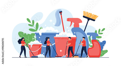 Professional cleaning service team using various tools like mops, buckets, and detergents to ensure a hygienic environment.