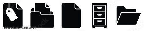 Professional collection of document and folder management icons for business organization, data storage, digital archiving, and office administration applications