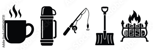 Versatile outdoor activity symbols including a warm beverage cup, insulated thermos, fishing pole, snow removal shovel, and burning campfire in a grate for seasonal leisure and cold weather