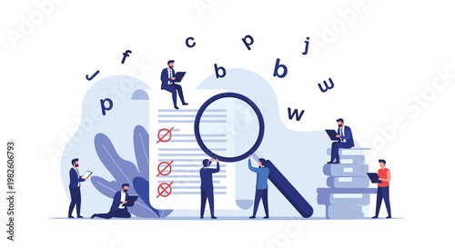 Document proofreading and editing service concept with professionals checking a large text for errors using magnifying glasses.