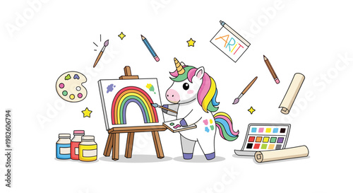 Creative cute unicorn artist character painting a colorful rainbow on an easel surrounded by various art supplies and stars.