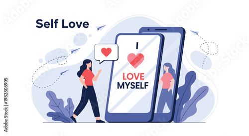 Positive self-love and mental health concept with a woman walking past a smartphone displaying an I Love Myself message.