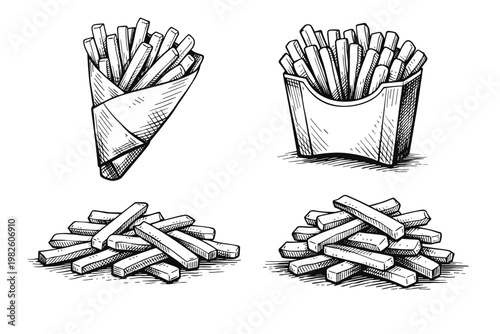 Hand-drawn French fries vector illustration set in a vintage black and white sketch style, featuring potato chips in a paper cone, cardboard box, and scattered piles for fast food menu design.