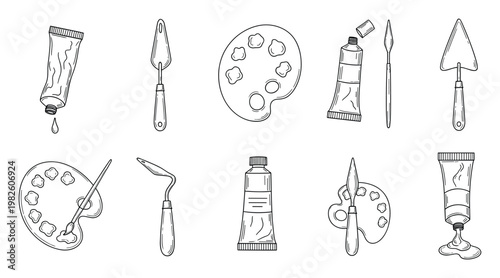 Outline sketch of essential artist painting supplies featuring various tubes of paint palettes brushes and spatulas for creative educational and DIY craft related content