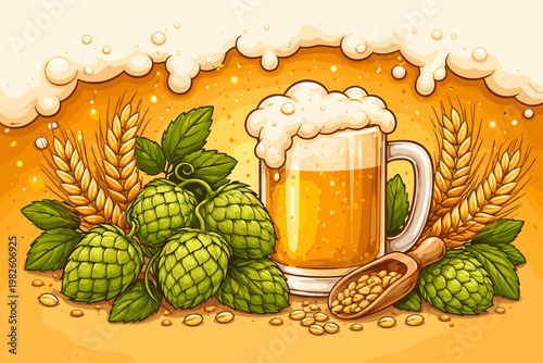 Vibrant Vector Illustration of a Frothy Beer Mug Surrounded by Fresh Green Hops, Golden Wheat Stalks, and Malt Grains, Perfect for Brewery Branding, Craft Beer Labels, and Pub Menu Designs.
