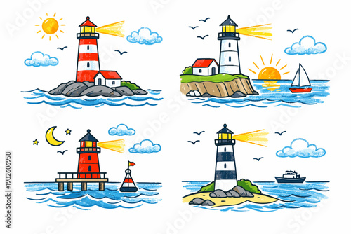 Set of four hand-drawn lighthouse vector illustrations featuring nautical marine beacons on islands and piers during day, sunset, and night with sea waves, boats, sun, moon, and fluffy clouds.