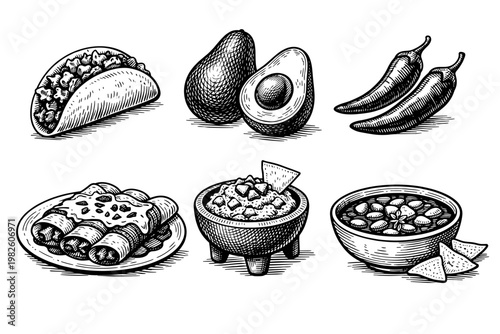Mexican Food Collection Set with Hand Drawn Engraving Style Illustrations of Taco, Avocado, Chili Peppers, Enchiladas, Guacamole in Molcajete, and Bean Soup with Tortilla Chips, Isolated on White