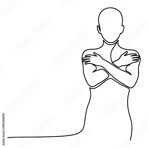 Minimalist continuous line drawing of an anonymous person with arms crossed in a selfembrace gesture, representing comfort, protection, and emotional wellbeing for modern graphic