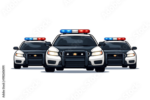 Vector illustration of a police car fleet with three patrol vehicles in a row. Front view of emergency law enforcement cruisers with red and blue sirens and headlights on white background.