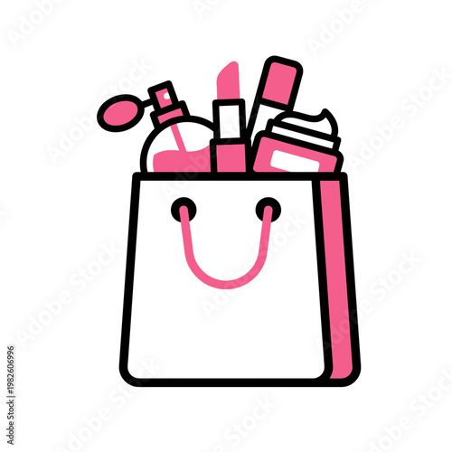 Shopping bag filled with pink cosmetics and beauty products icon