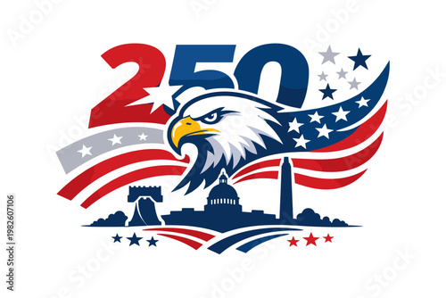 USA 250th Anniversary Semiquincentennial Vector Illustration with Bald Eagle, American Flag, and Washington DC Skyline Silhouette, Celebrating 1776-2026 United States Independence Day Design