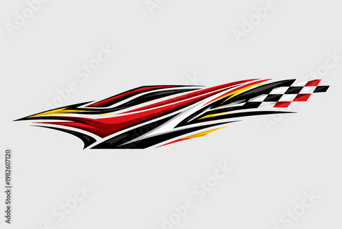 Racing Car Wrap Design Vector with Sport Stripes and Checkered Flag Pattern for Vehicle Stickers and Automotive Tuning, Dynamic Red and Black Graphic Decal for Sports Car Side Body Decoration.