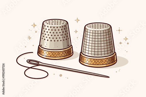 Vintage thimble set with needle and thread for sewing and embroidery. Flat vector illustration of two metal thimbles with dot and grid patterns, gold trim, and a sewing needle on a light background.