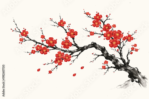 Traditional Asian Ink Painting of Red Plum Blossom Branch, Minimalist Chinese and Japanese Style Vector Illustration of Spring Flowers, Isolated Floral Design for Zen and Nature Concepts