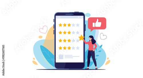 Customer feedback and star rating system concept with a woman placing a gold star on a smartphone review application.