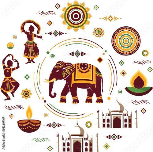 Indian cultural elements with decorated elephant dancers mandala and Taj Mahal isolated on transparent background traditional festival vector illustration