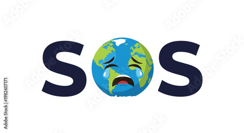 Global environmental crisis and earth rescue concept featuring a crying earth mascot between letters SOS in big bold font.