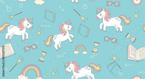 Seamless pattern of cute white unicorns with rainbow manes surrounded by magic wands books and rainbows on blue background.