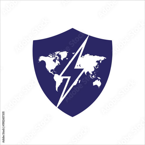 Global Protection Icon Features Shield with World Map and Lightning