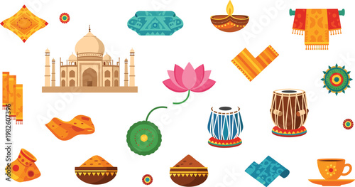 Indian culture and festival elements collection with Taj Mahal diya lotus and traditional items isolated on transparent background colorful vector illustration set