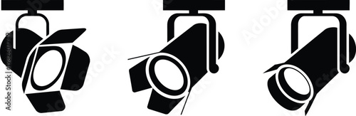 Professional stage spotlight projector icons set with studio equipment and theatre lighting fixtures.