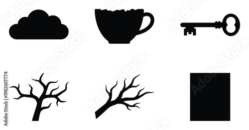 Graphic collection of distinct black silhouette icons featuring a cloud, broken cup, antique key, bare tree, tree branch, and solid rectangle, useful for diverse graphic design, web, and