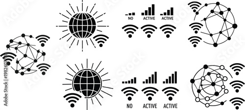 Global connectivity icons with wireless communication signals, internet activity indicators, globe network nodes and data transmission design for technology illustration