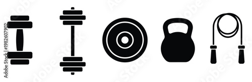 Diverse workout and strength training equipment silhouettes for health and fitness concepts active lifestyle promotions and gym membership advertisements