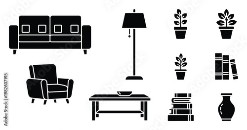 Black silhouette icons of home furniture and decor objects like sofa, armchair, lamp, table, potted plants, and books for use in graphic design, web interfaces, and householdrelated projects