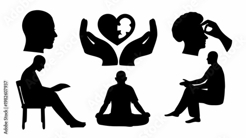 Mental health awareness silhouettes people in various emotional states and meditation