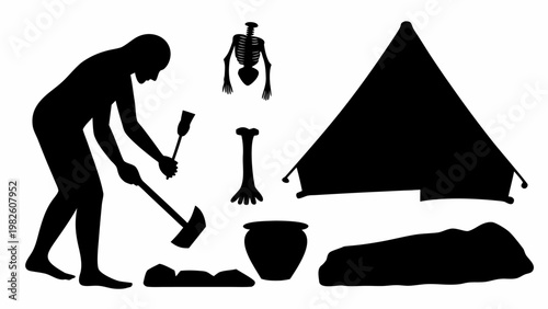 Archaeologist excavating ancient artifacts and skeleton near tent