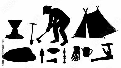 Archaeologist silhouette with excavation tools and tent on white background